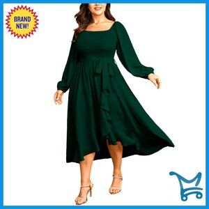 Plus Size Cocktail Dress Formal Long Sleeve Smocked High Low Ruffle Belted